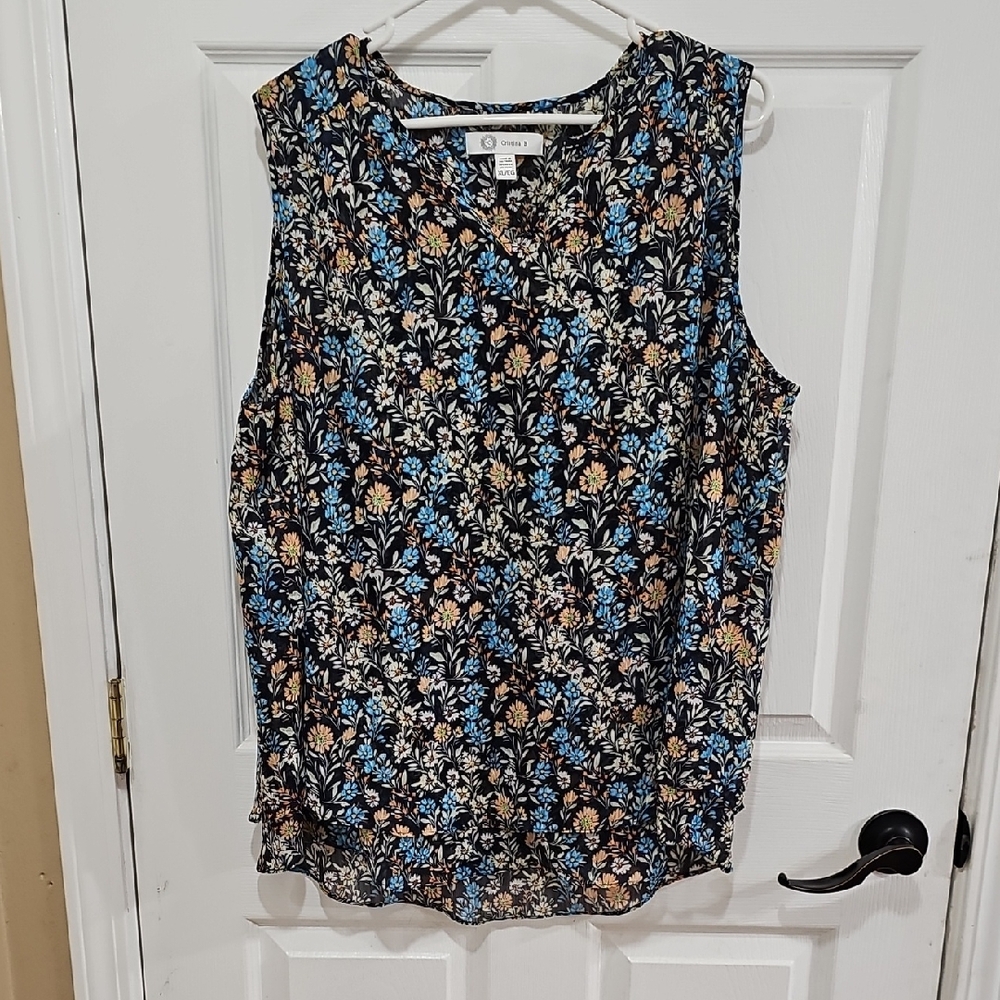 Floral Sleeveless Blouse - Blue And Orange